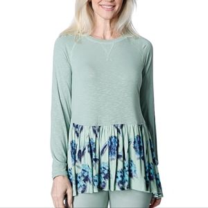 DG2 Diane Gilman Hi Lo Gather Hem Top Green Floral Long Sleeve Loose Fit Size L